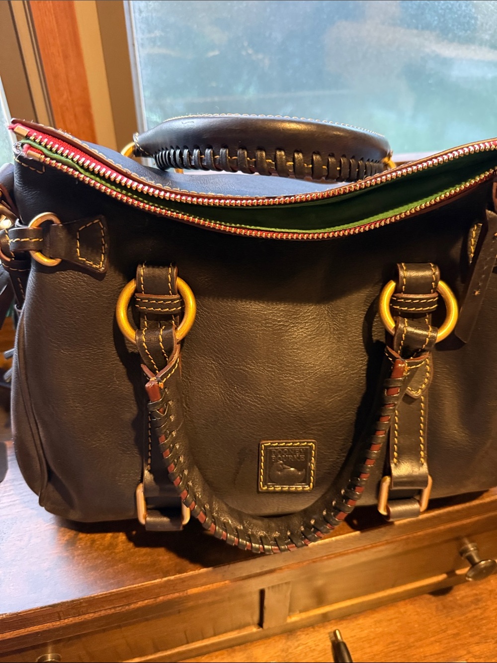 Dooney & Bourke Navy Leather Satchel with Red and Green Zipper Trim - Picture 6 of 7